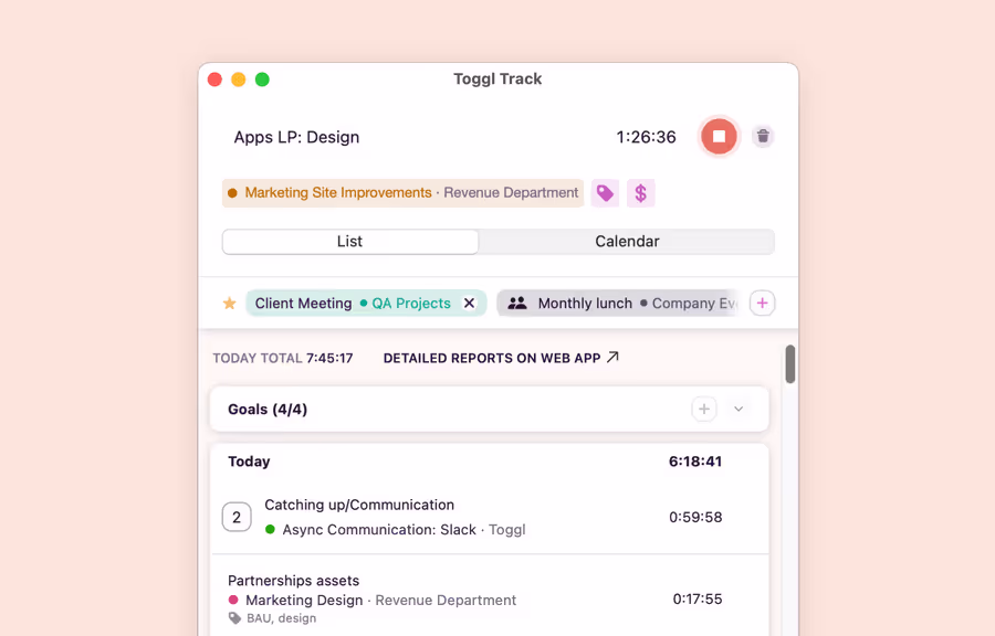 Time tracking goals dashboard