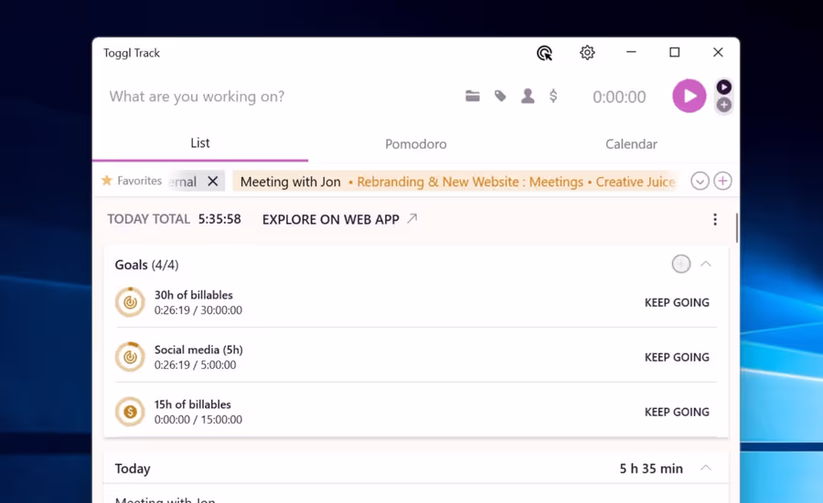 Time tracking goals dashboard