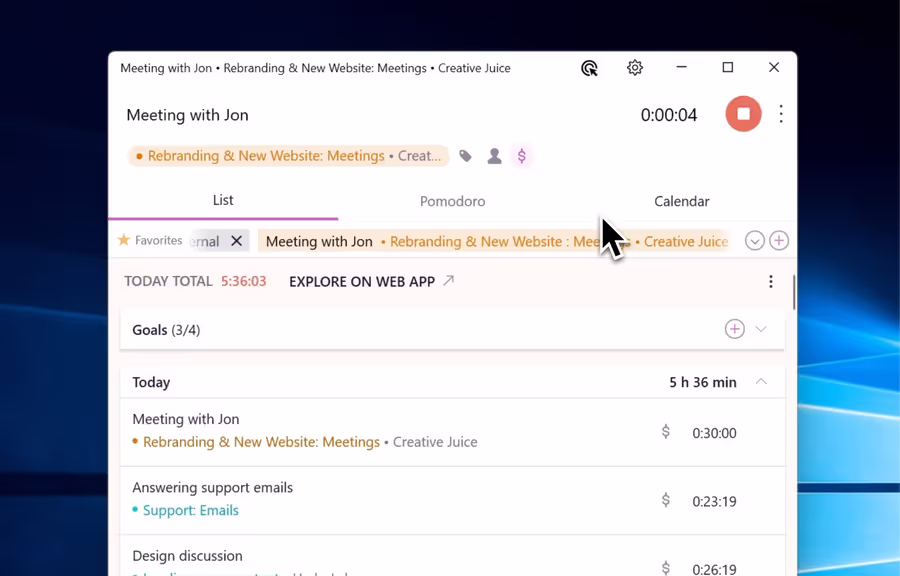Time tracking goals dashboard
