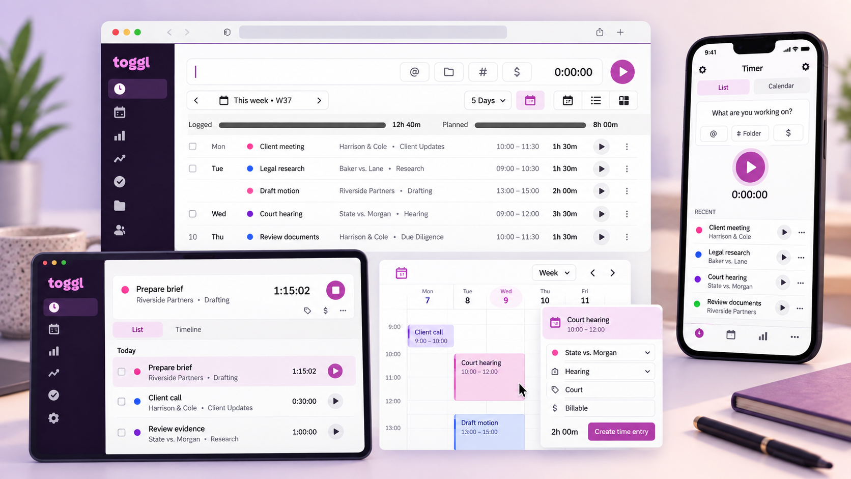 Toggl time tracking on desktop, tablet and phone with legal matters and calendar entries