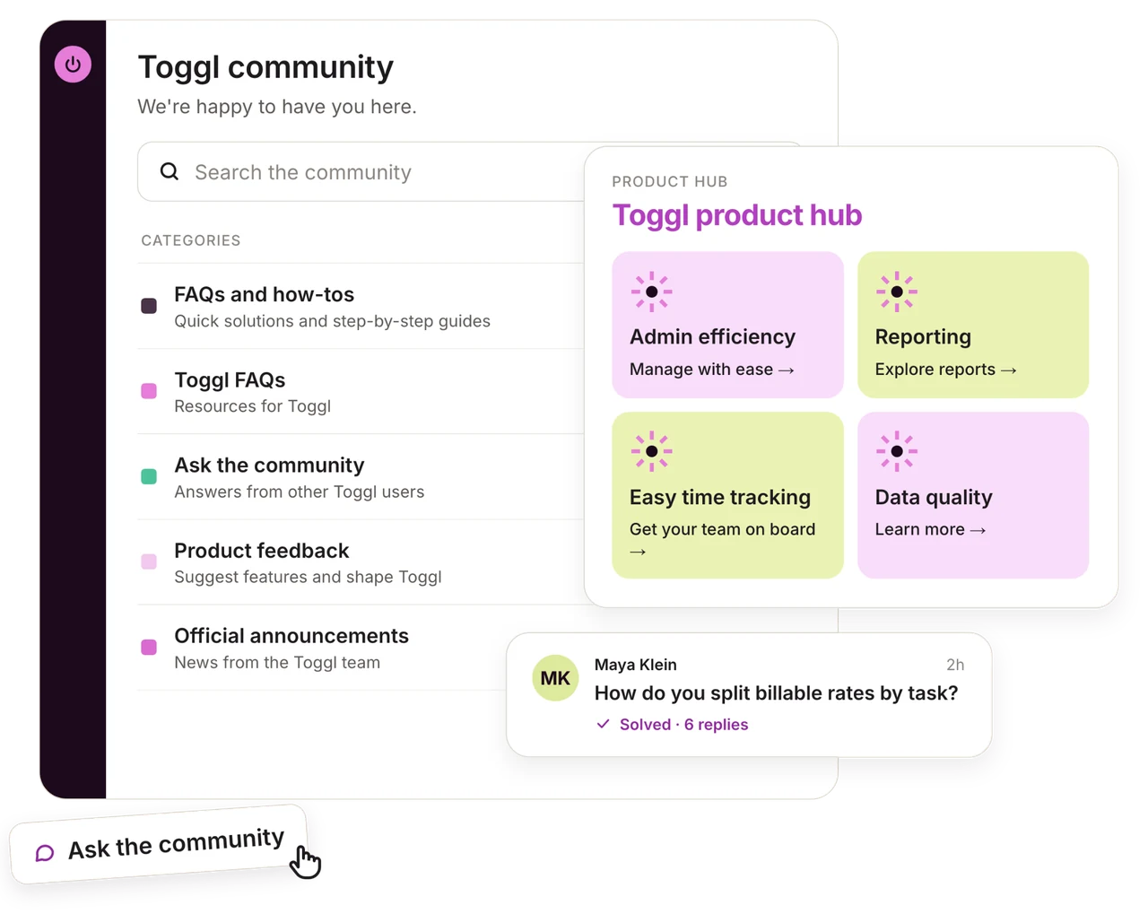 Toggl community with categories, the product hub and a solved question