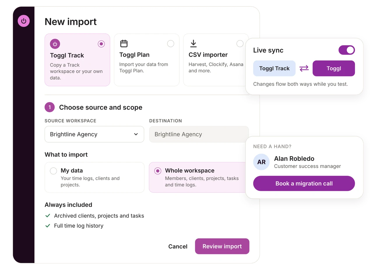 Toggl import screen with Toggl Track selected as the source, a live sync toggle and a customer success manager card