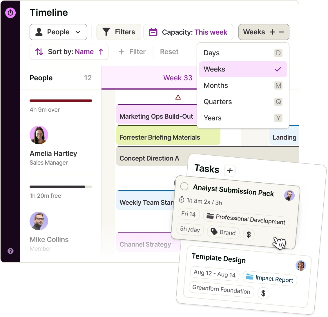 Toggl timeline with weekly capacity per person and a task panel