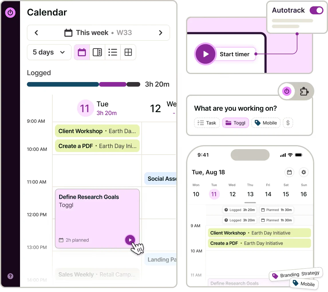 Toggl calendar with logged time, a start timer button, autotrack toggle and the mobile app
