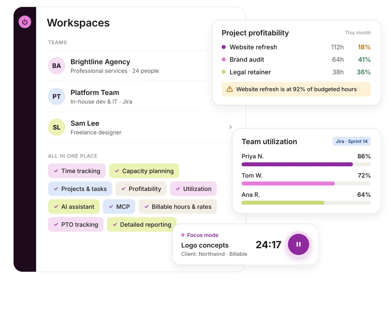Toggl workspaces for an agency, a platform team and a freelancer, with project profitability, team utilization and a focus timer