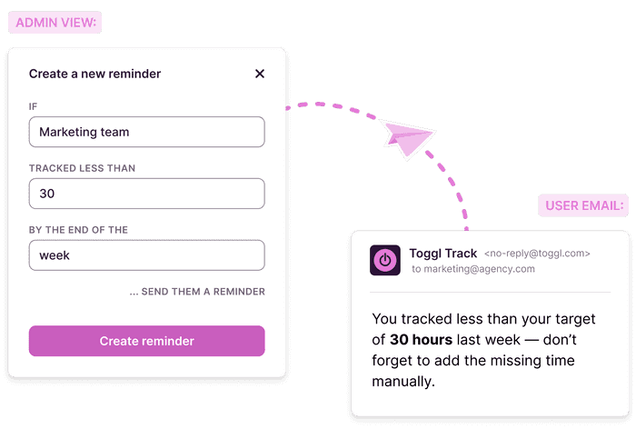 Screenshot of sending up time tracking reminders to users in Toggl