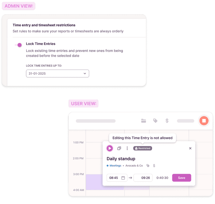 Screenshot of time entries in Toggl being locked from editing