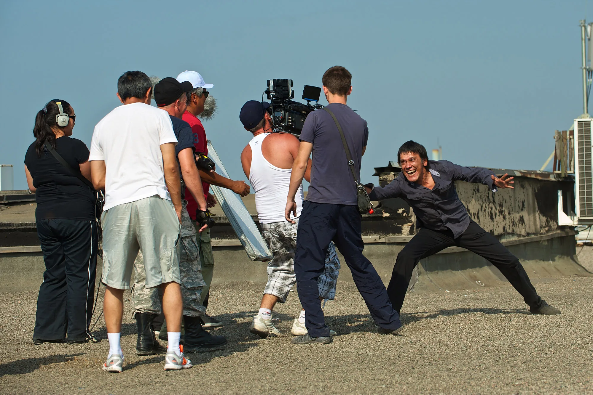 Action performance captured on a rooftop film production