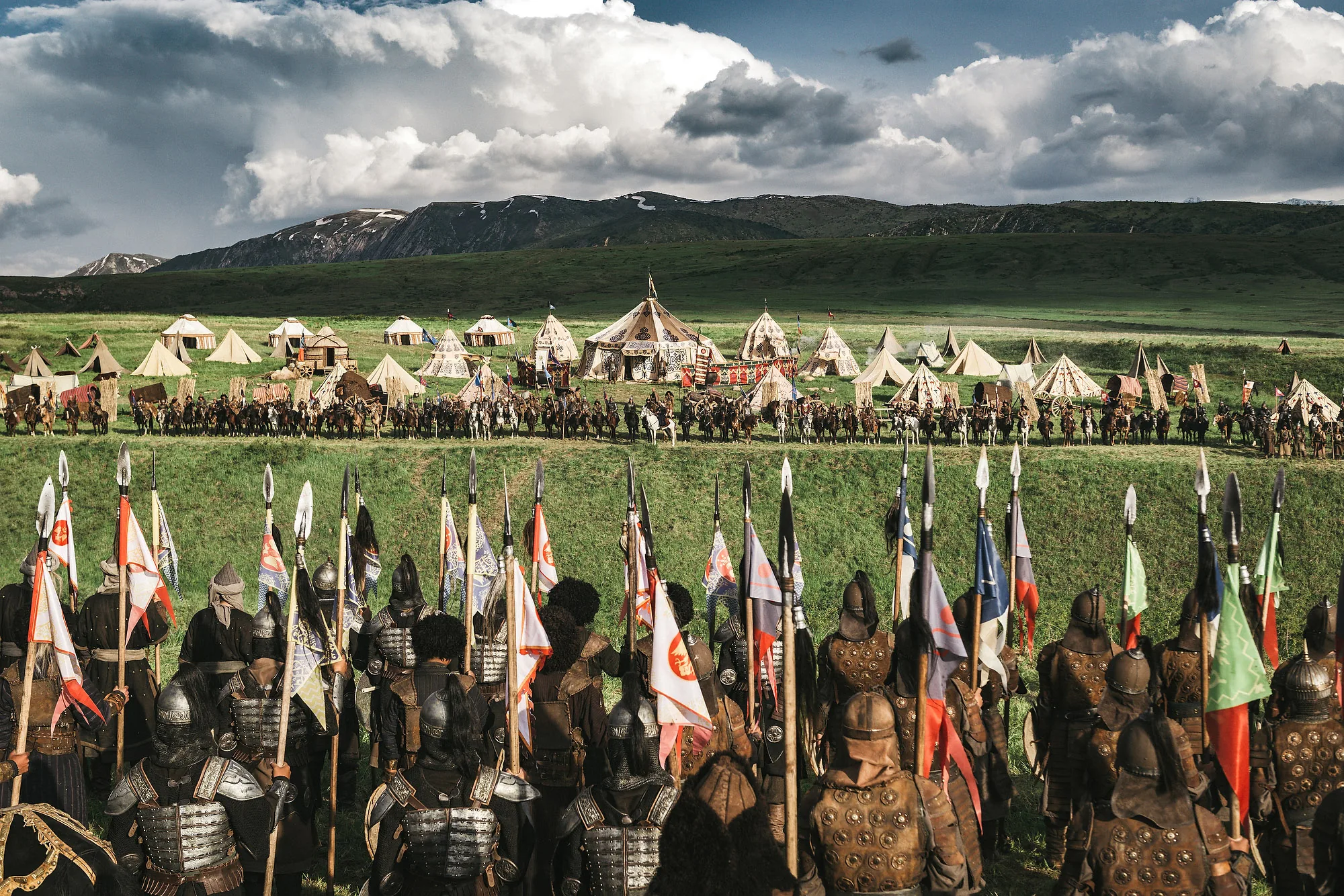 Cinematic production staged in a mountain landscape