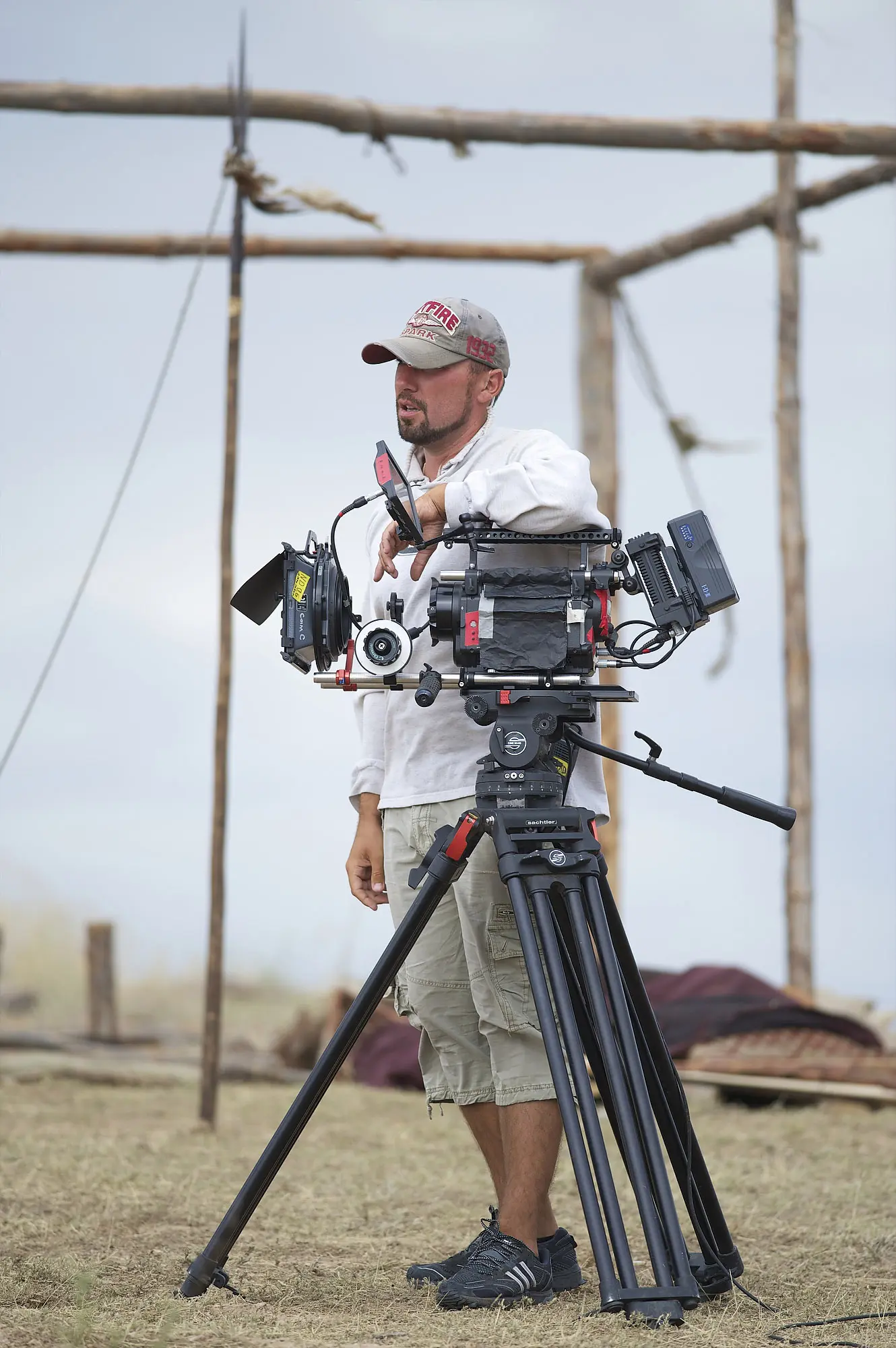 Cinema camera rig photographed behind the scenes on a film production