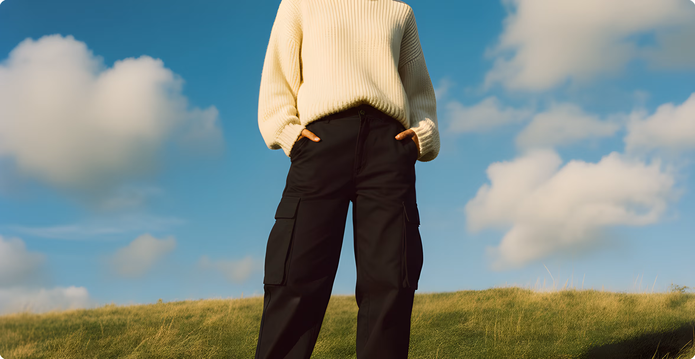 Person wearing a cream-colored sweater and black cargo pants standing on grassy hill under blue sky with clouds.
