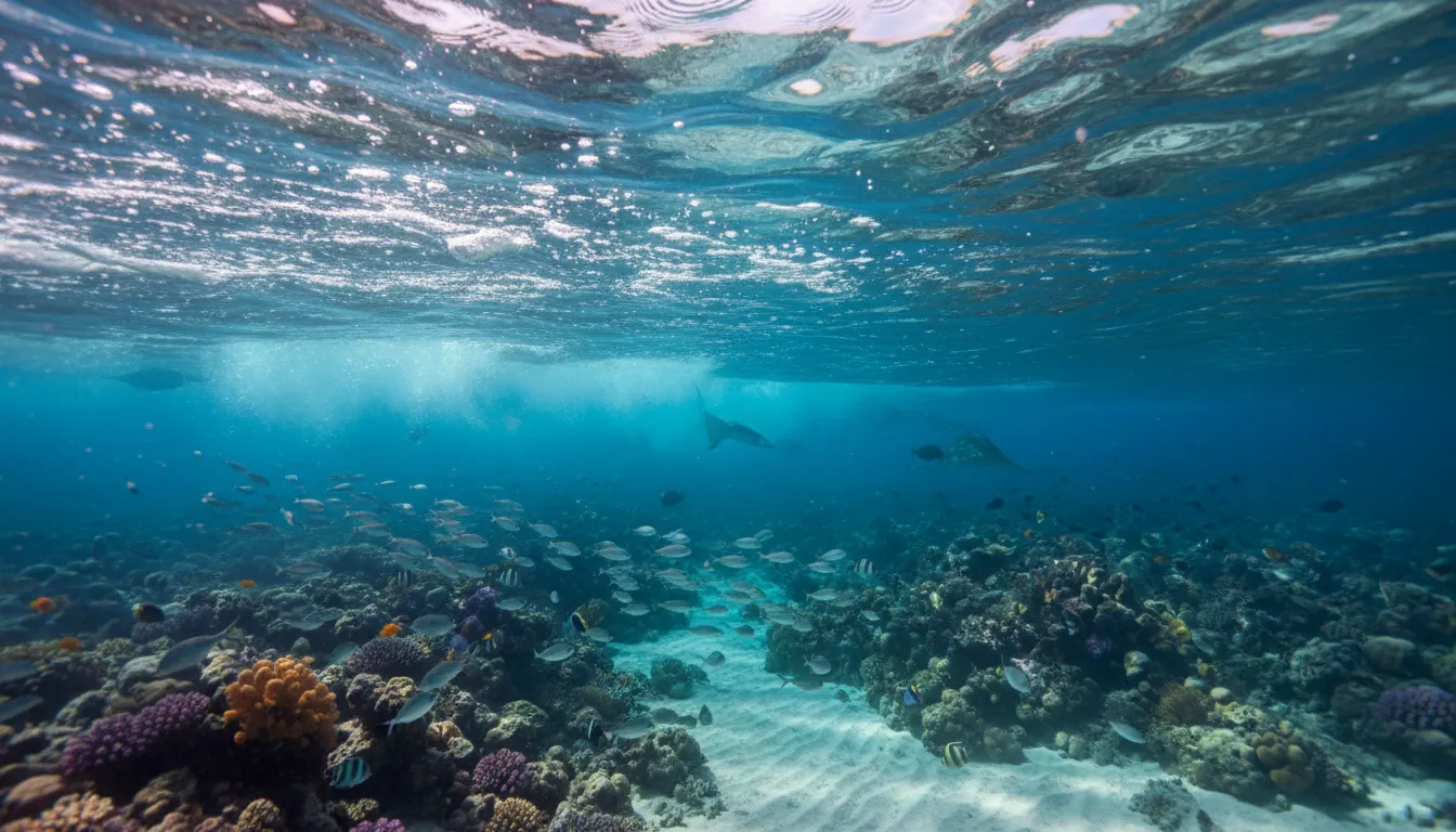 Underwater coral reef with various fish swimming and two manta rays in the background.