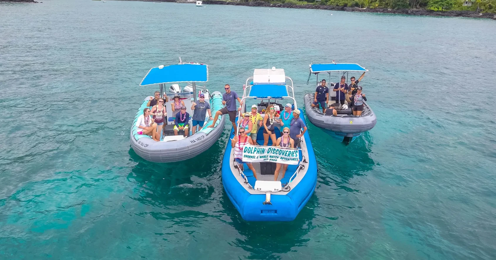 Three boats with groups of people on clear blue water, middle boat displays a Dolphin Discoveries adventure sign.