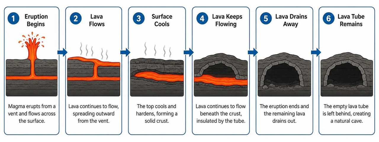 Step-by-step process of how a lava tube is formed Step-by-step process of how a lava tube is formed