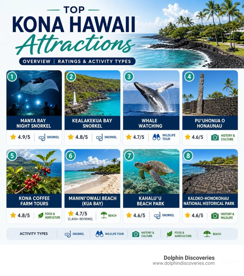 Top Kona Hawaii attractions overview infographic with ratings and activity types infographic Top Kona Hawaii attractions overview infographic with ratings and activity types infographic