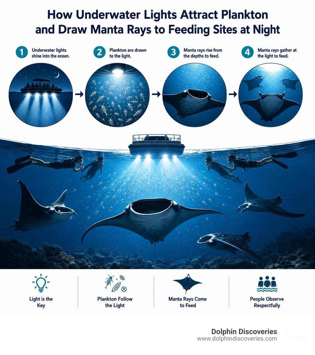 How underwater lights attract plankton and draw manta rays to feeding sites at night infographic How underwater lights attract plankton and draw manta rays to feeding sites at night infographic