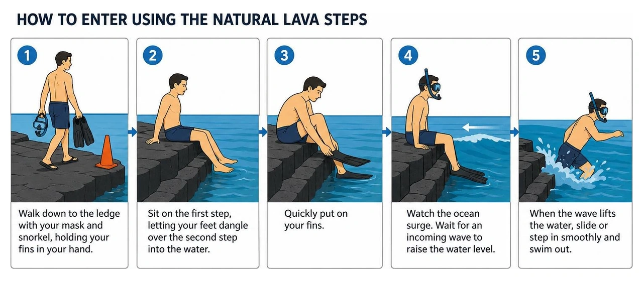Step-by-step process of entering the water using the natural lava steps Step-by-step process of entering the water using the natural lava steps