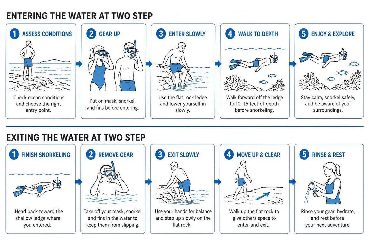 Step-by-step process for safely entering and exiting the water at Two Step Step-by-step process for safely entering and exiting the water at Two Step