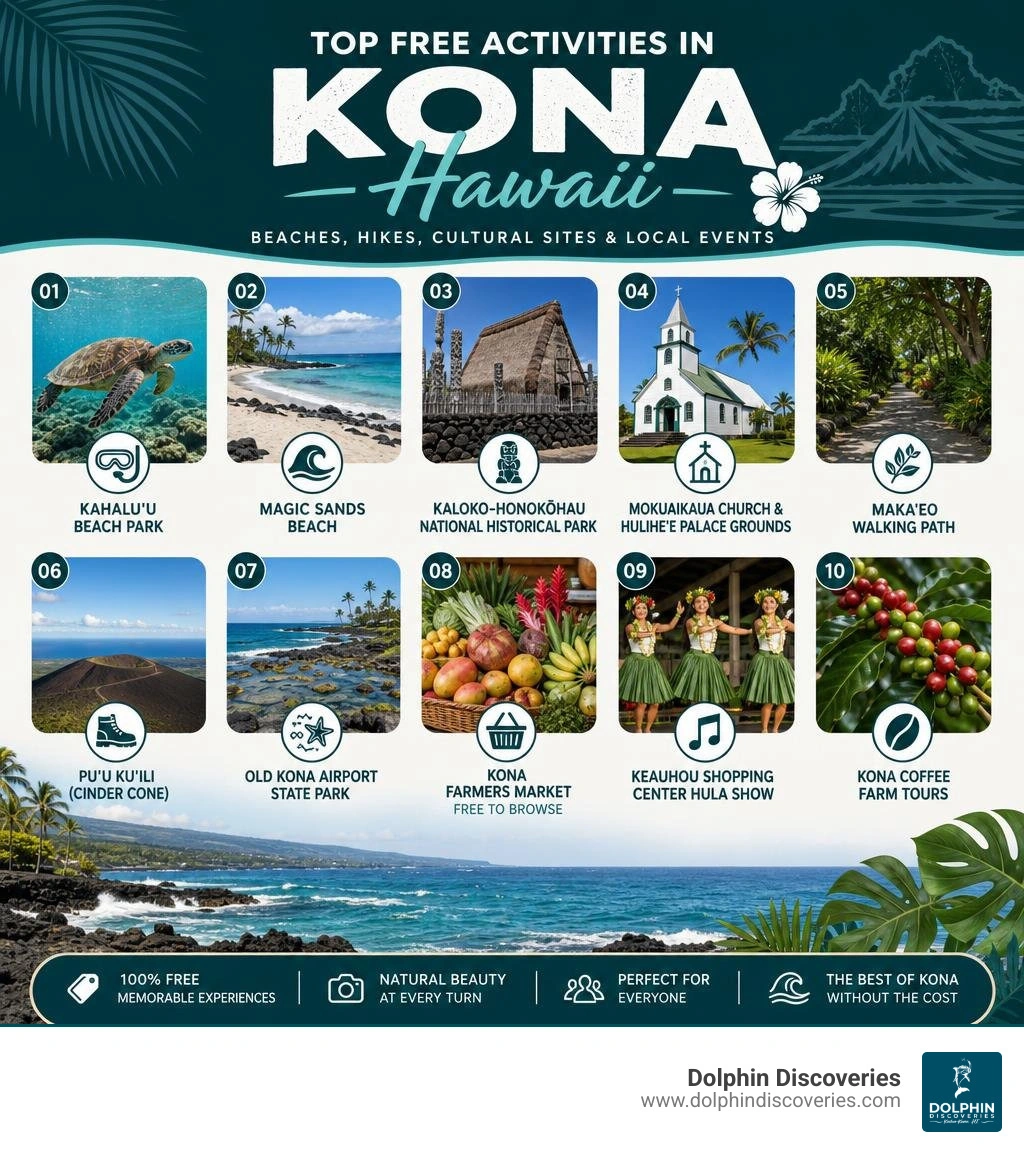 Top free activities in Kona Hawaii infographic with beaches, hikes, cultural sites, and local events infographic Top free activities in Kona Hawaii infographic with beaches, hikes, cultural sites, and local events infographic