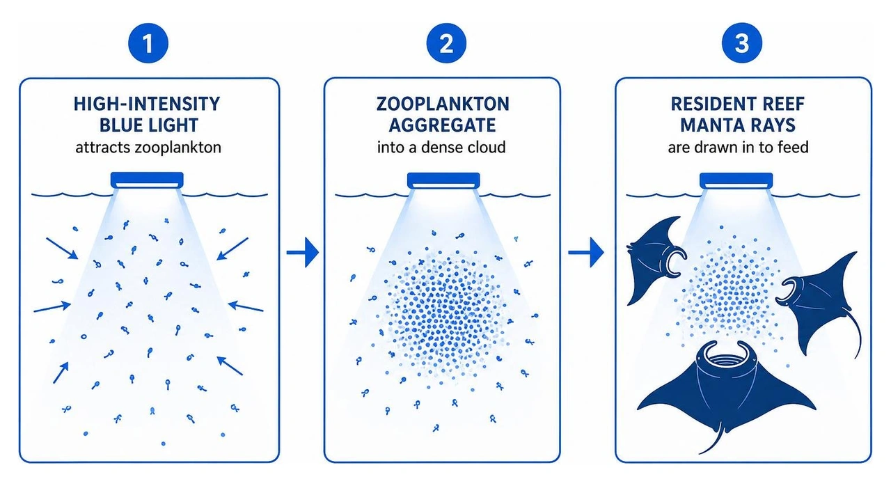 Diagram showing the food chain reaction: High-intensity blue light attracts microscopic zooplankton, which aggregates into a Diagram showing the food chain reaction: High-intensity blue light attracts microscopic zooplankton, which aggregates into a
