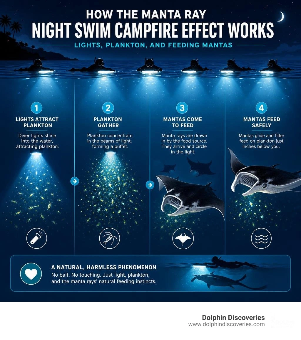 How the manta ray night swim campfire effect works — lights, plankton, and feeding mantas infographic How the manta ray night swim campfire effect works — lights, plankton, and feeding mantas infographic