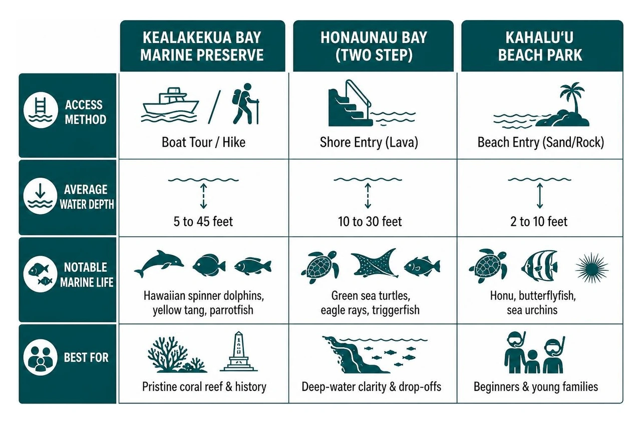 Comparison of top Kona snorkeling locations detailing entry type, depth, and highlights Comparison of top Kona snorkeling locations detailing entry type, depth, and highlights