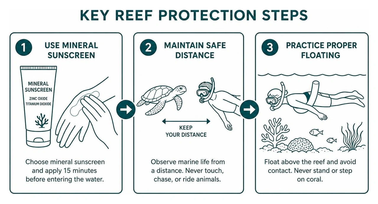 Key reef protection steps including mineral sunscreen use, safe distance, and floating practices Key reef protection steps including mineral sunscreen use, safe distance, and floating practices