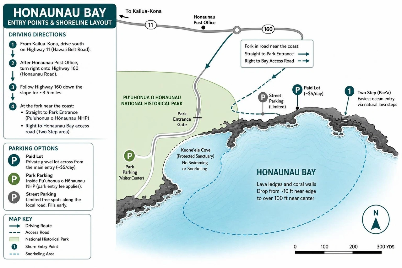 Diagram of entry points and shoreline layout at Honaunau Bay Diagram of entry points and shoreline layout at Honaunau Bay