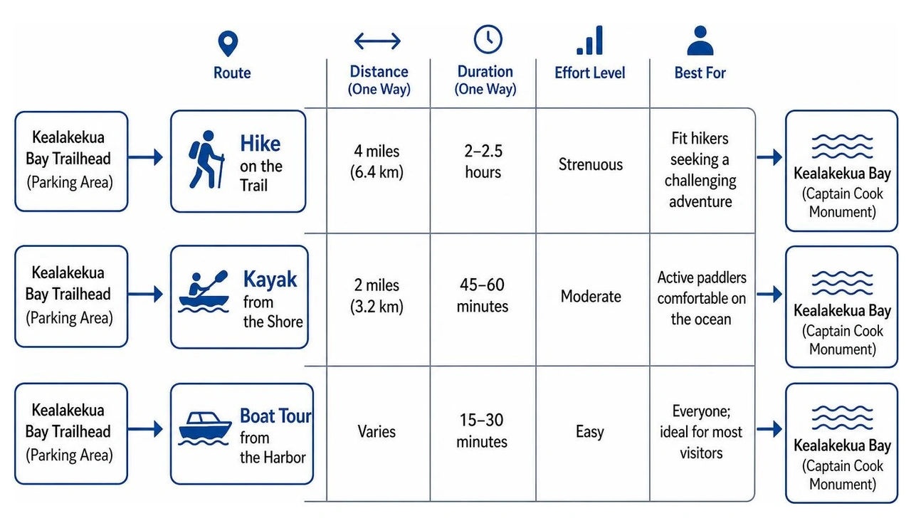 Process of accessing Kealakekua Bay: comparing the strenuous hike, kayak, and boat tour Process of accessing Kealakekua Bay: comparing the strenuous hike, kayak, and boat tour