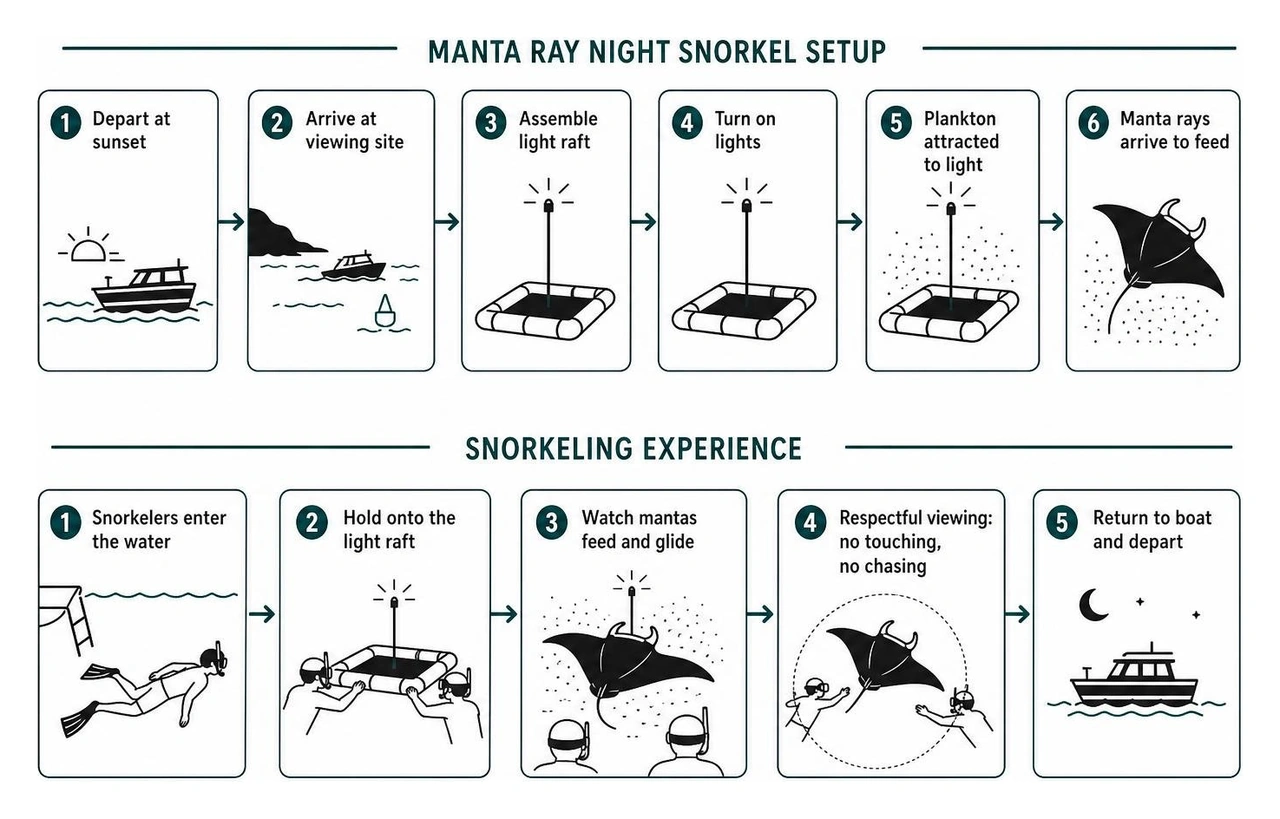 Manta ray night snorkel setup and floating light raft process Manta ray night snorkel setup and floating light raft process