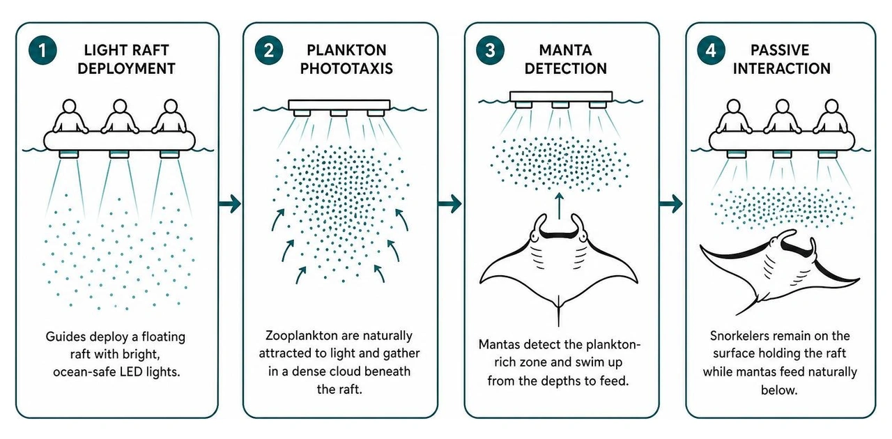 Process of how light attracts plankton and manta rays at night Process of how light attracts plankton and manta rays at night