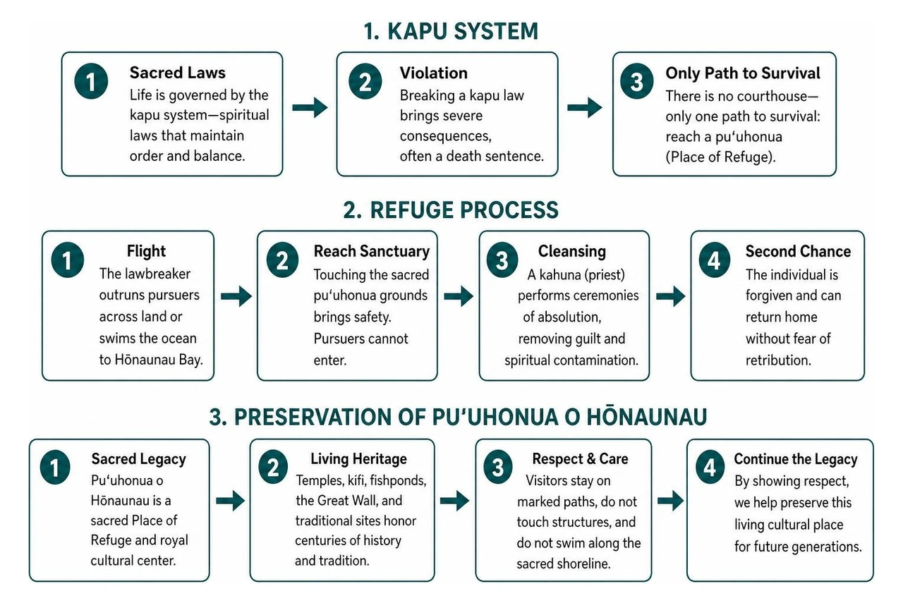 Timeline of the Kapu system, refuge process, and preservation of Puʻuhonua o Hōnaunau