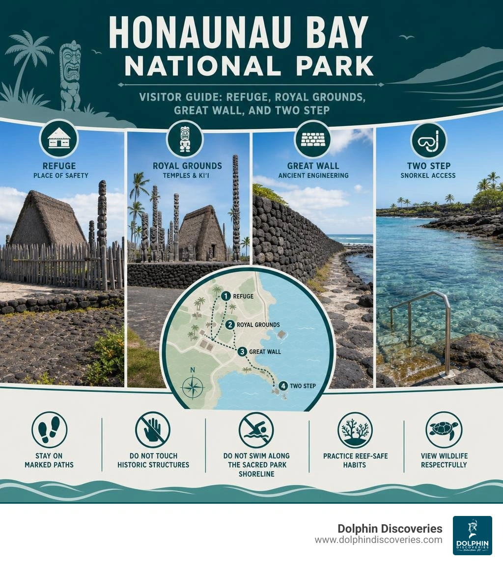 Honaunau Bay National Park visitor guide: refuge, royal grounds, Great Wall, and Two Step infographic