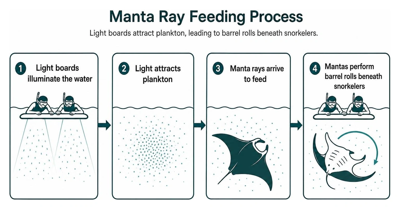 Manta ray feeding process: Light boards attract plankton, leading to barrel rolls beneath snorkelers Manta ray feeding process: Light boards attract plankton, leading to barrel rolls beneath snorkelers
