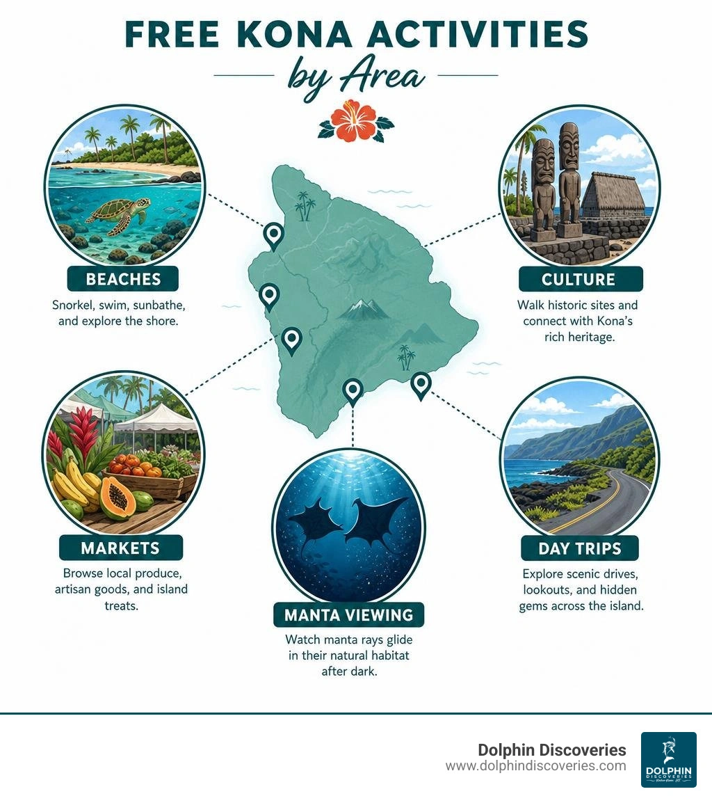 Free Kona activities by area: beaches, culture, markets, manta viewing, and day trips infographic Free Kona activities by area: beaches, culture, markets, manta viewing, and day trips infographic