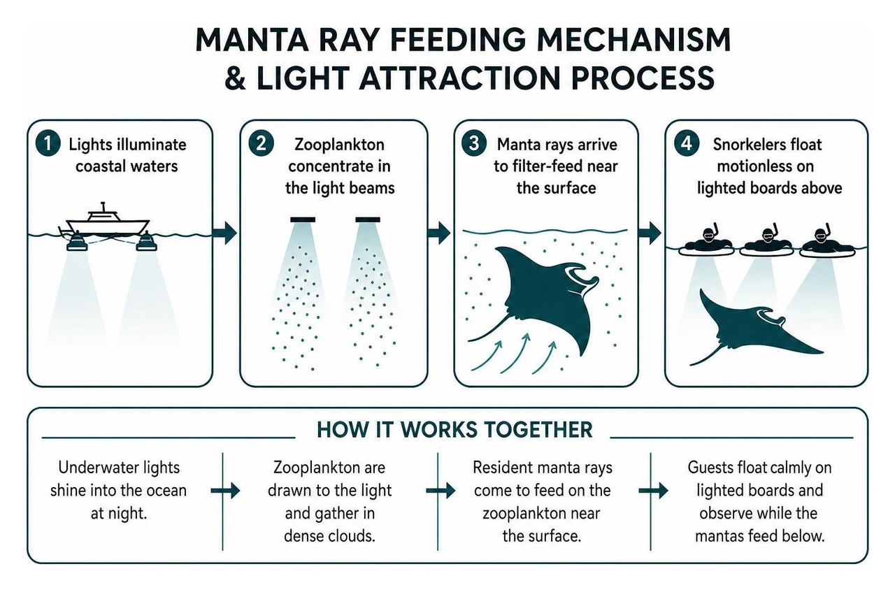 Manta ray feeding mechanism and light attraction process Manta ray feeding mechanism and light attraction process