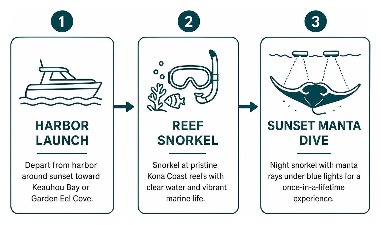 Ocean tour itinerary flow from harbor launch to reef snorkel and sunset manta dive