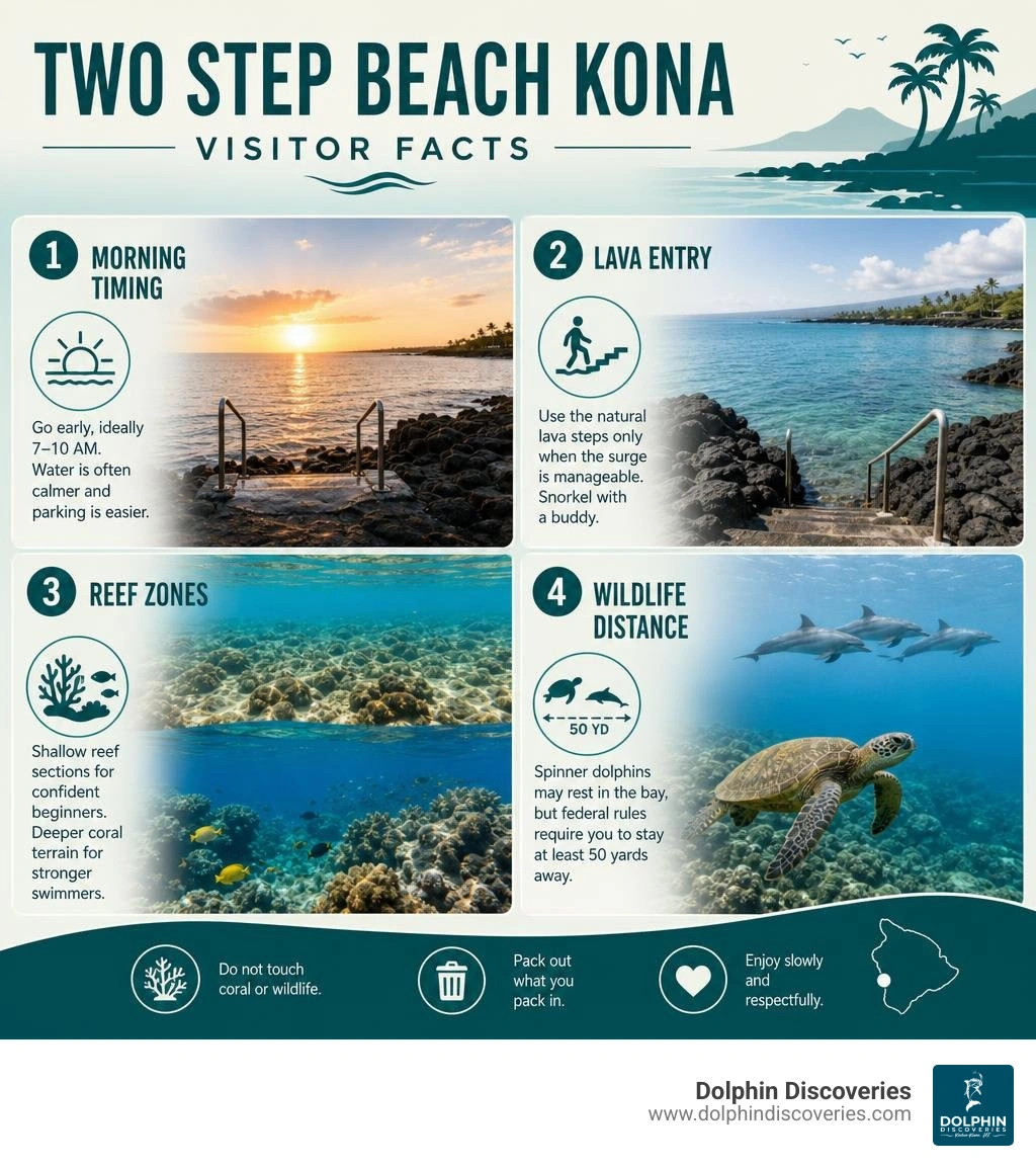 Two Step Beach Kona visitor facts: morning timing, lava entry, reef zones, wildlife distance infographic Two Step Beach Kona visitor facts: morning timing, lava entry, reef zones, wildlife distance infographic