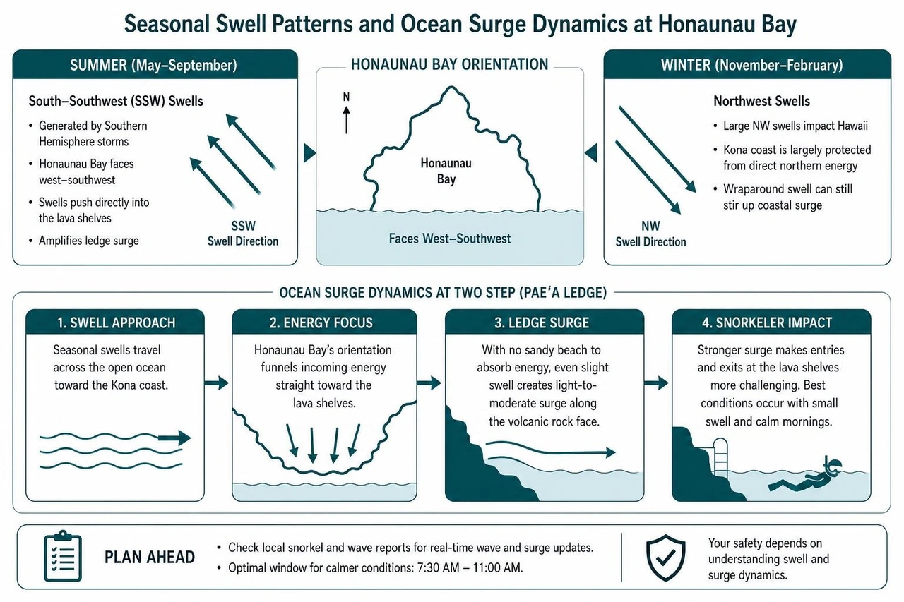 Seasonal swell patterns and ocean surge dynamics at Honaunau Bay