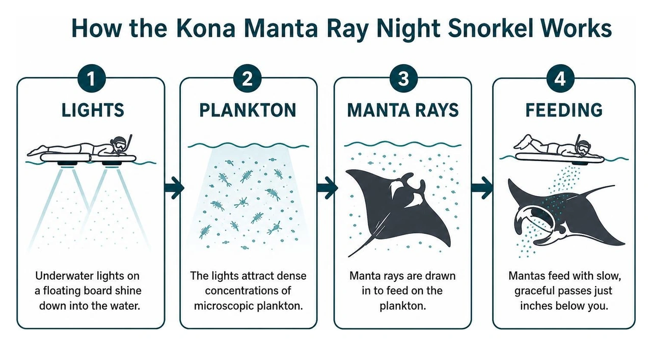 How the Kona manta ray night snorkel works from lights to plankton to feeding How the Kona manta ray night snorkel works from lights to plankton to feeding