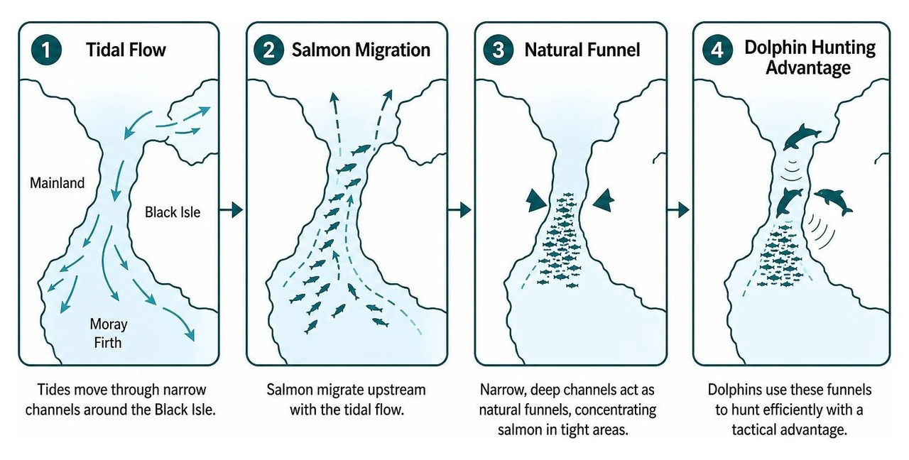 Diagram showing how tidal funnels concentrate migrating salmon for dolphin hunting Diagram showing how tidal funnels concentrate migrating salmon for dolphin hunting
