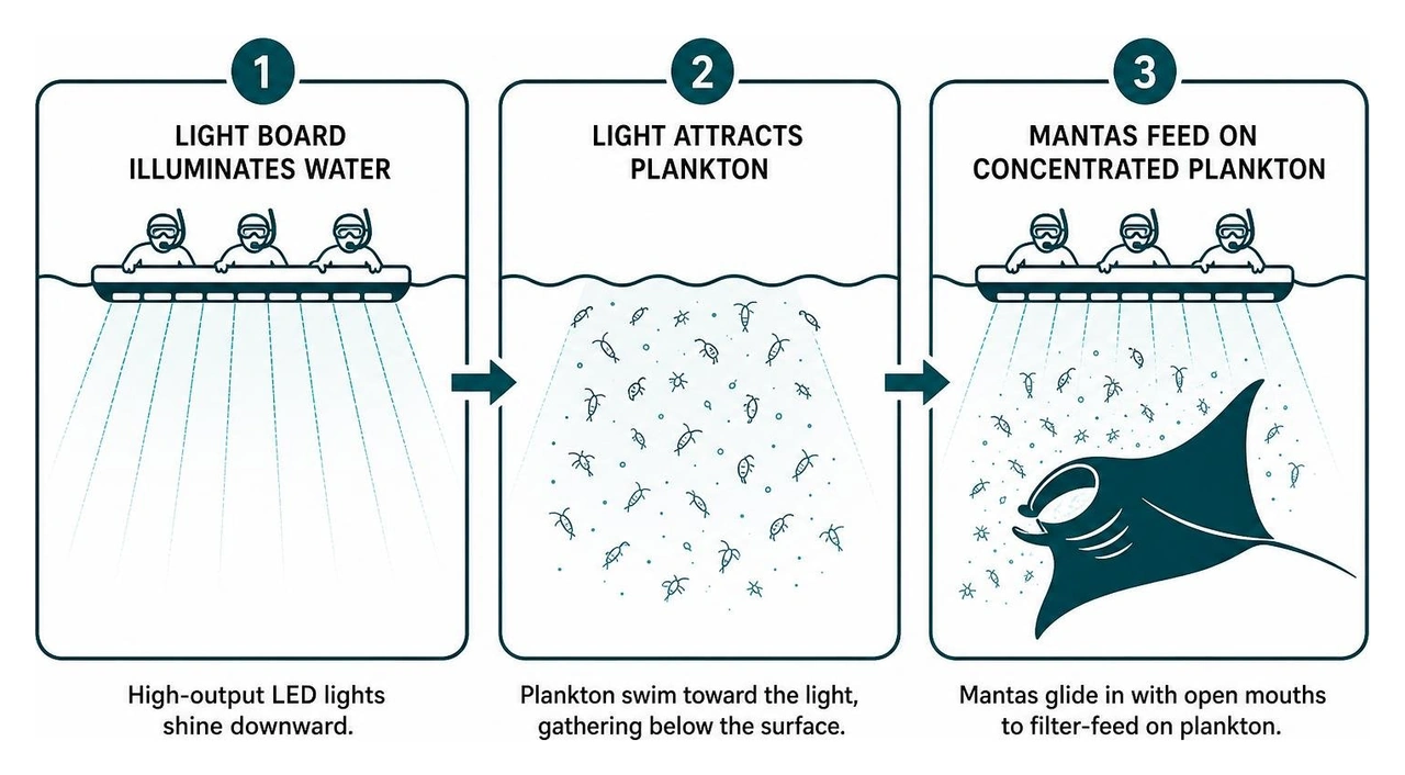 Light board attracting plankton and feeding mantas