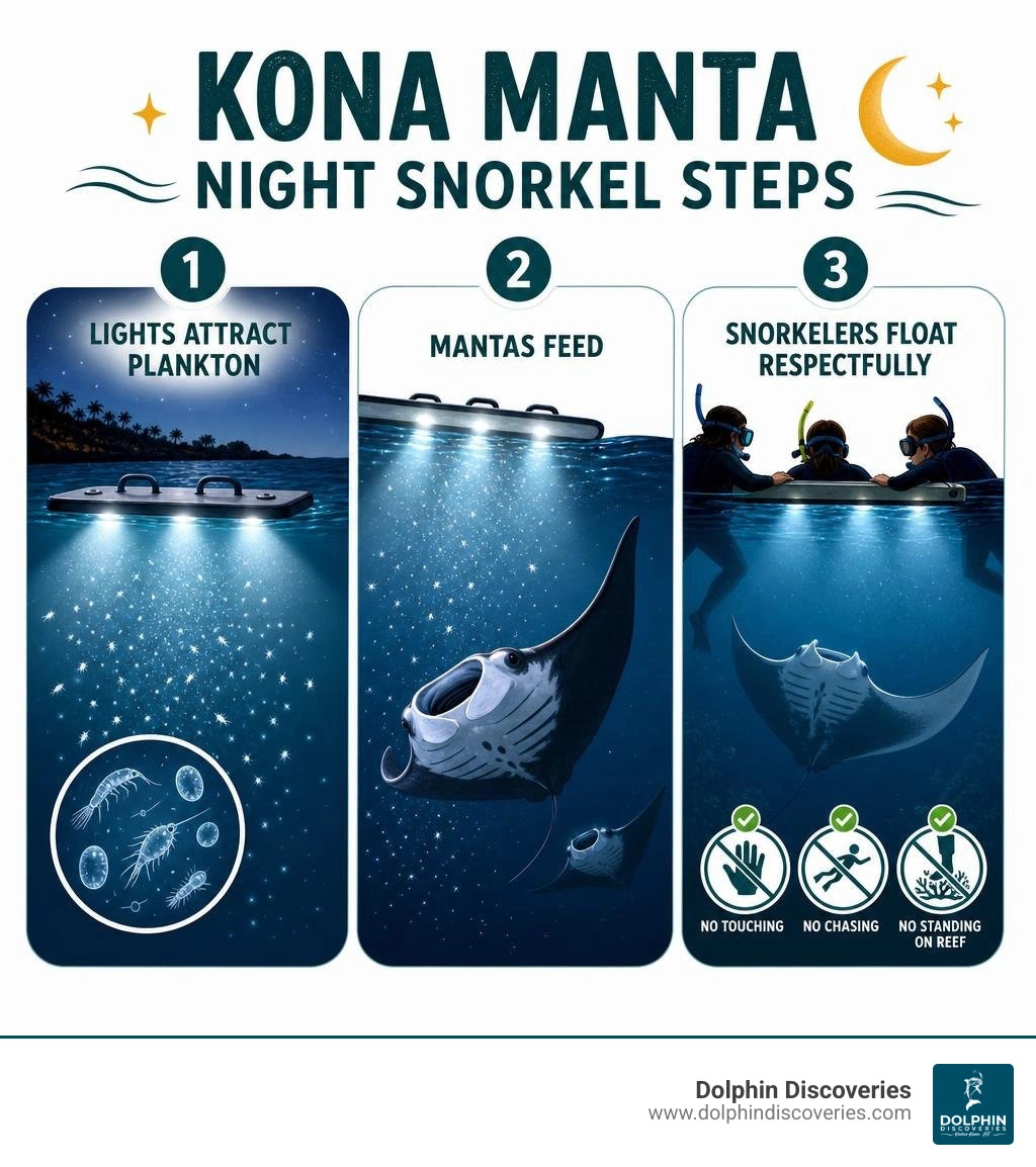 Kona manta night snorkel steps: lights attract plankton, mantas feed, snorkelers float respectfully infographic