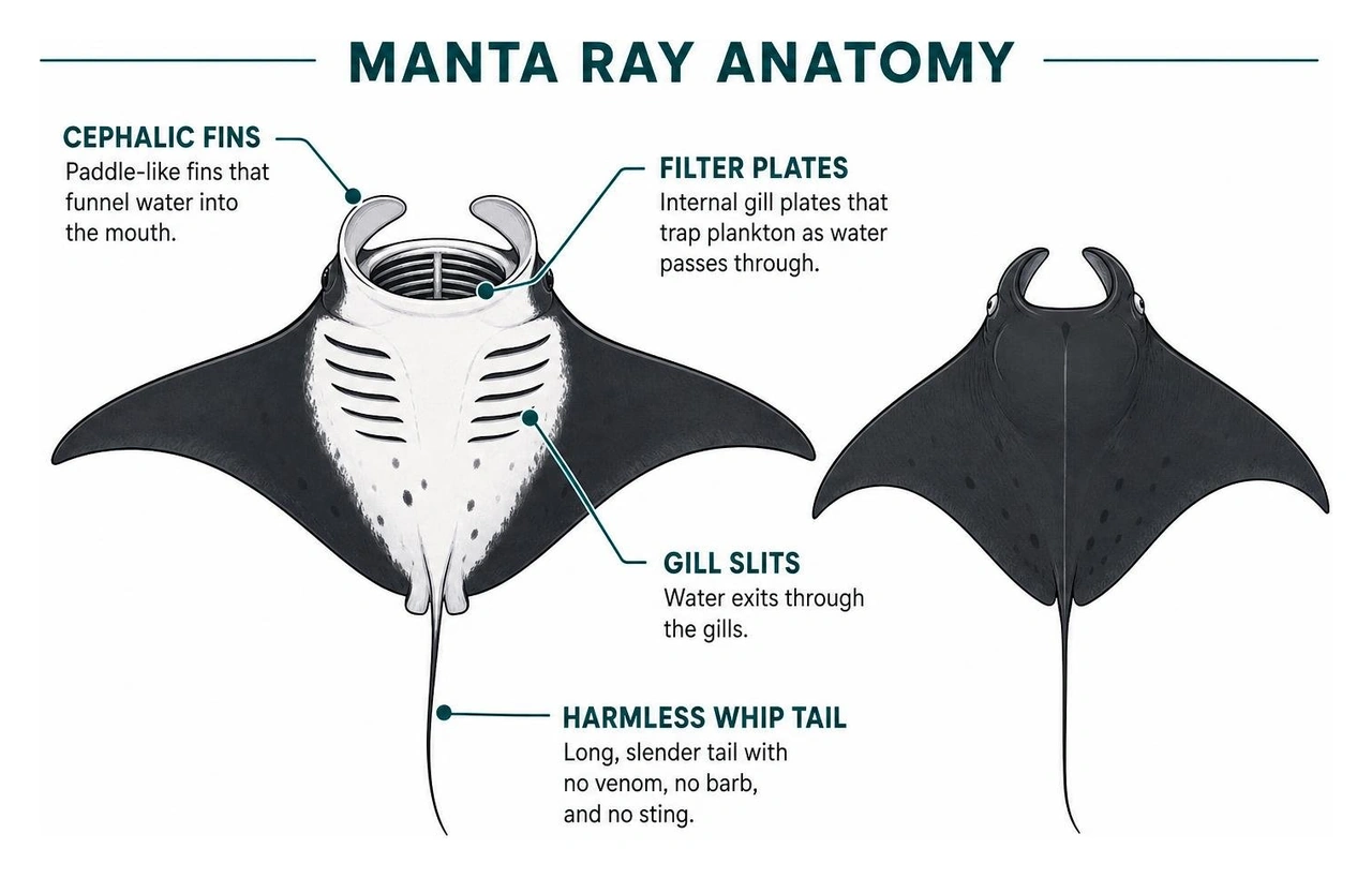 Manta ray anatomy: cephalic fins, gill slits, filter plates, and harmless whip tail Manta ray anatomy: cephalic fins, gill slits, filter plates, and harmless whip tail