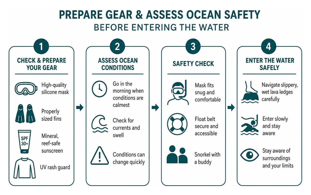 Process of preparing gear and assessing ocean safety before entering the water Process of preparing gear and assessing ocean safety before entering the water