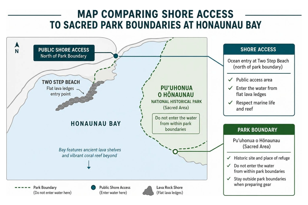 Map comparing shore access to sacred park boundaries at Honaunau Bay Map comparing shore access to sacred park boundaries at Honaunau Bay