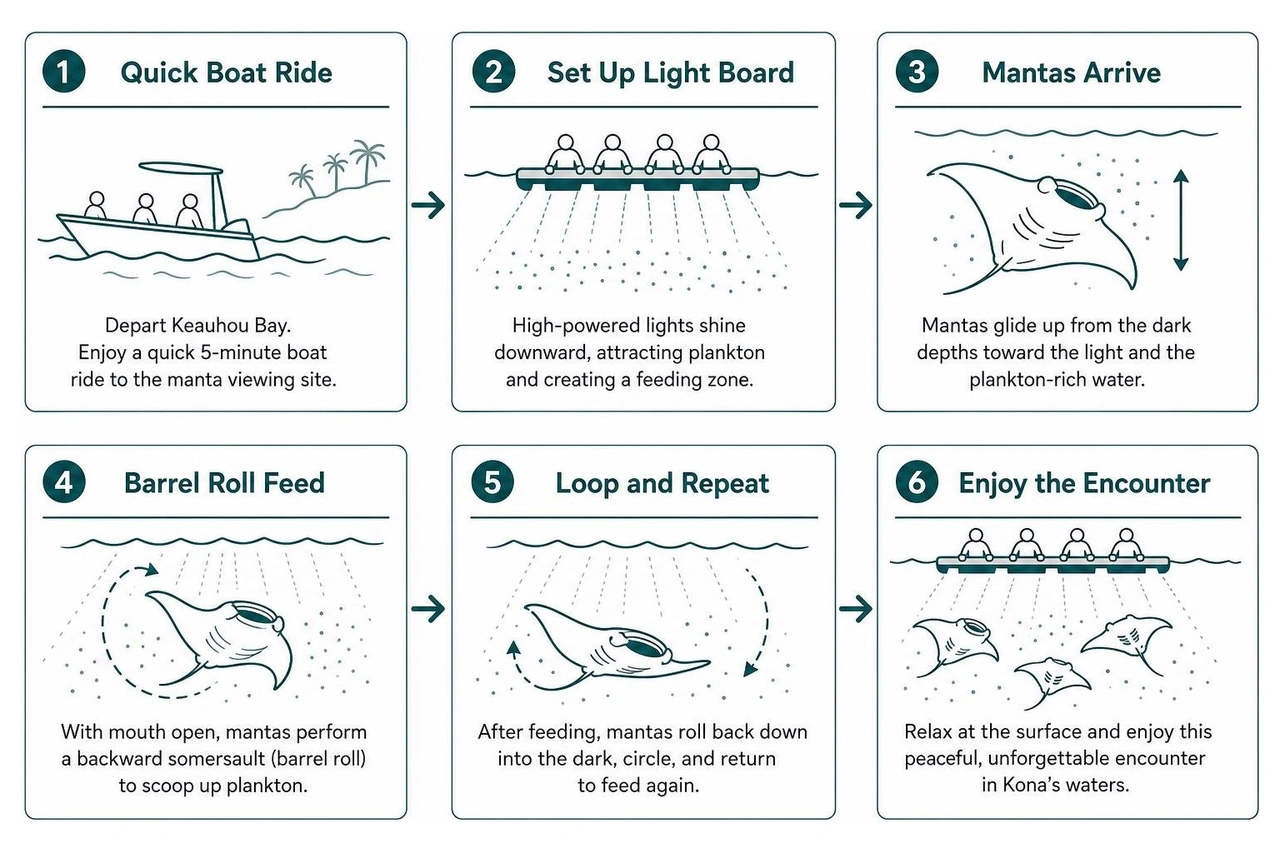 Step-by-step process of a night manta ray encounter in Kona Step-by-step process of a night manta ray encounter in Kona