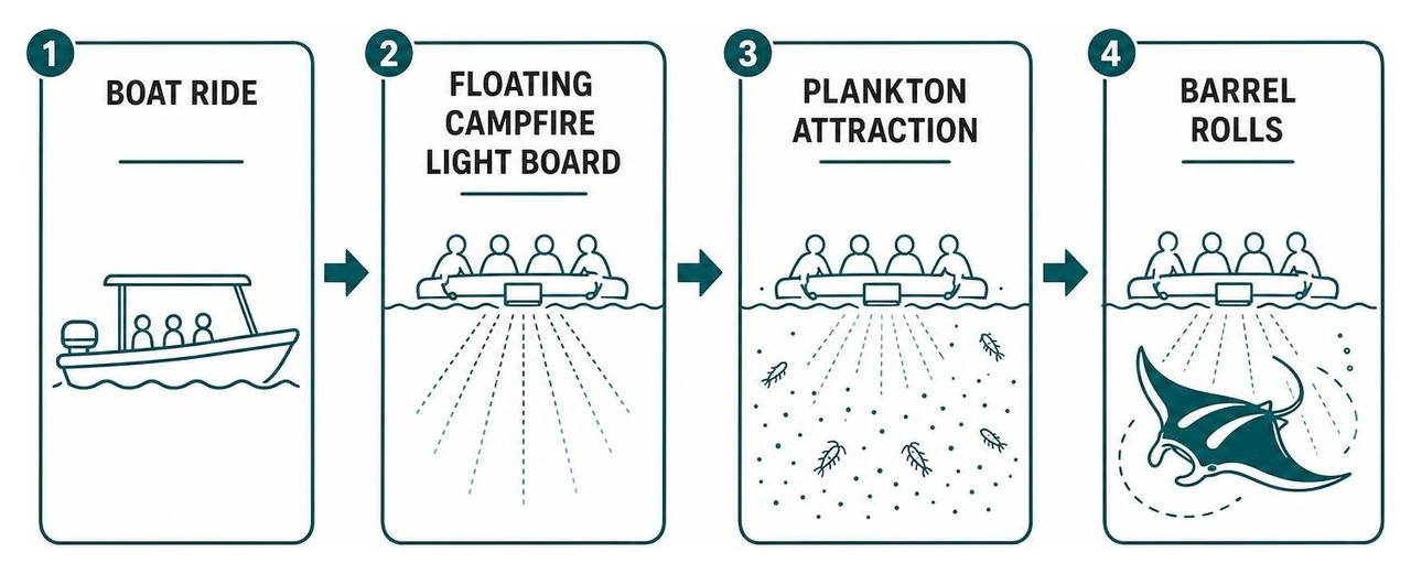 Manta ray night snorkel sequence: boat ride, floating campfire light board, plankton attraction, barrel rolls Manta ray night snorkel sequence: boat ride, floating campfire light board, plankton attraction, barrel rolls