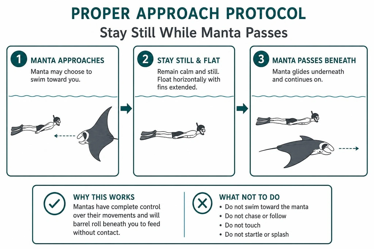Proper approach protocol showing snorkeler staying still while manta passes Proper approach protocol showing snorkeler staying still while manta passes