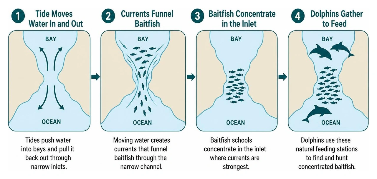 Process of tidal flows concentrating baitfish in coastal inlets and bays Process of tidal flows concentrating baitfish in coastal inlets and bays